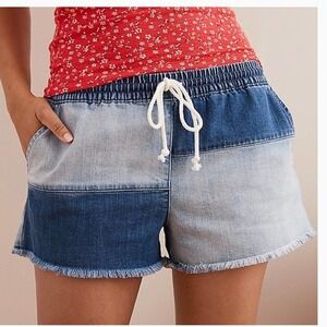 Aerie Patchwork Denim Elastic Waist Pull On Shorts Raw Hem Size XS
